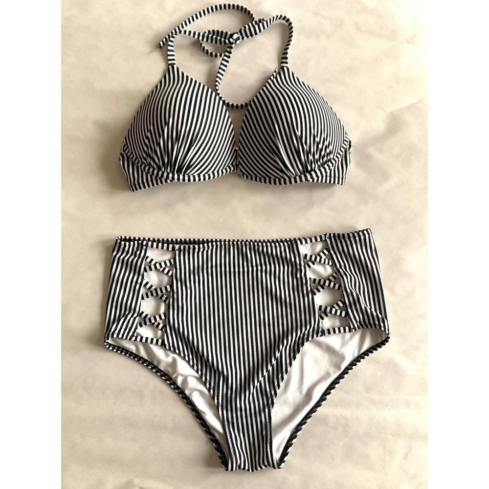 Shade & Shore Women's M Caged High Waist Striped Two Piece Bikini White Black‎